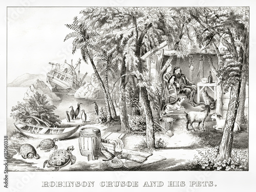 Robinson Crusoe in his island with his pets after the shipwreck. uncontaminated nature and broken ship in background. Old illustration by Currier & Ives, publ. in New York, 1874