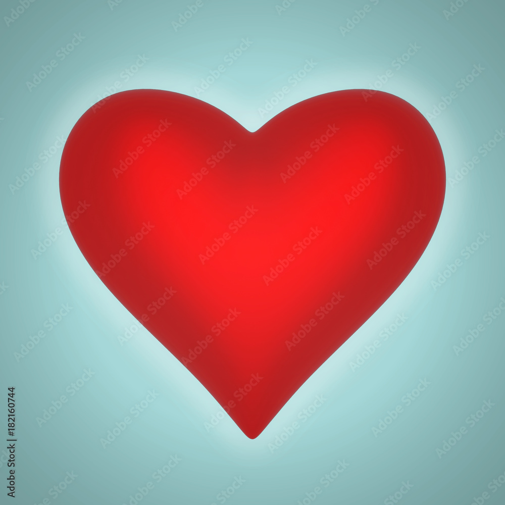Volumetric glossy heart shape isolated on a pale blue background. 3D rendering
