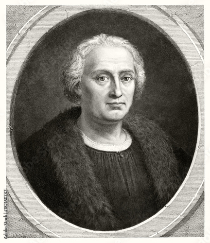 Old bust portrait of Christopher Columbus (1451 � 1506), Italian explorer and navigator. Old illustration by unidentified author, publ. in Washington, 1892