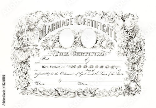 Reproduction of antique marriage certificate with floral frame. Old illustration by Currier & Ives, publ. in New York, 1875