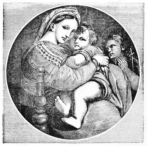 Raphael's picture Madonna della Seggiola (Virgin on chair) black and white reproduction. Created Old Illustration by Morghen and Jackson after Raphael, published on Magasin Pittoresque, Paris, 1834 photo