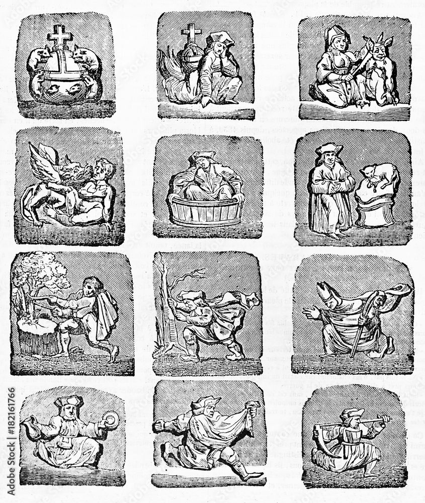 Fototapeta premium Old medieval religious icons reproduction of twelve misericordes. After drawing of destroyed misericord in Corbeil Saint-Spire cathedral. Published on Magasin Pittoresque, Paris, 1834