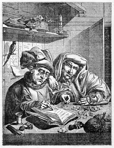 Two medieval people counting money on a desk. Reproduction of Quentin Metsys picture: Misers. Created Old Illustration by Jackson after Metsys, published on Magasin Pittoresque, Paris, 1834