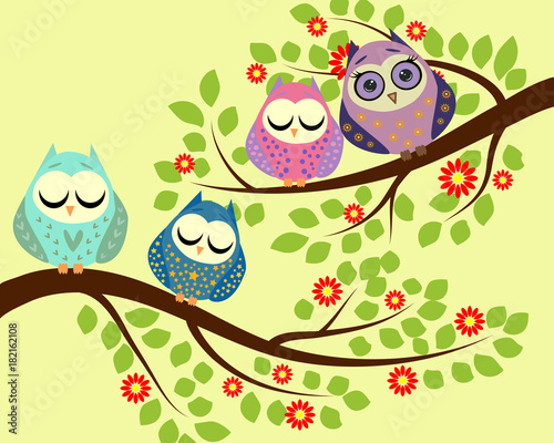 Bright cute cartoon owls sit on the flowering branches of fantastic trees