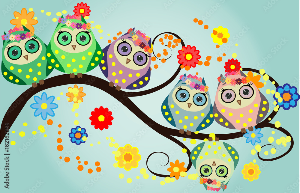 Bright cute cartoon owls sit on the flowering branches of fantastic trees