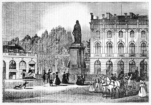 Stanislas square with Stanislas Leszczynski statue in an ancient context with people and buildings, Nancy, France. Old Illustration by Sevatteint and Jackson, Magasin Pittoresque, Paris, 1834 photo