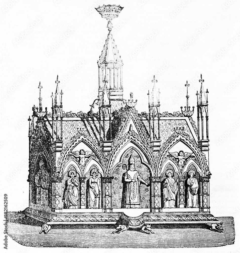 Golden reliquary (which no longer exist because it was merged) in Saint-Spire church Corbeil France. Old Illustration by Lecurieux Andrew Best and Leloir published on Magasin Pittoresque Paris 1834