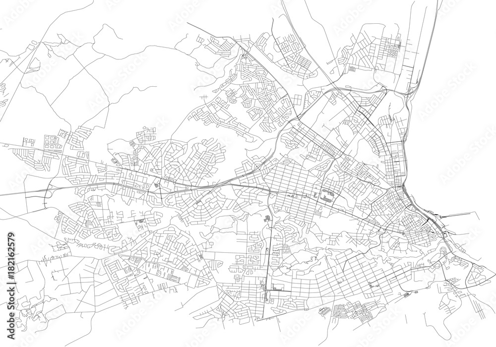 Strade di Port Elizabeth centro, cartina della città, Sudafrica. Stradario