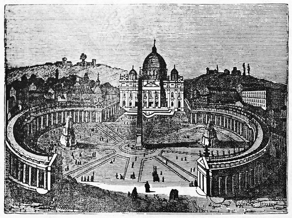 Ancient view of St. Peter square and basilica in Vatican city. Old Illustration by unidentified author published on Magasin Pittoresque Paris 1834