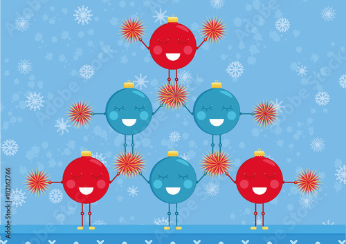 Cheerleaders christmas ornament balls. Christmas/New years card for 2017-2018. Simple cute illustration with cartoon characters