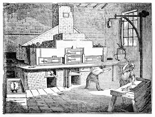 Ancient workers in a large stereotypy workshop (printing technique). Old Illustration by unidentified author published on Magasin Pittoresque Paris 1834 photo