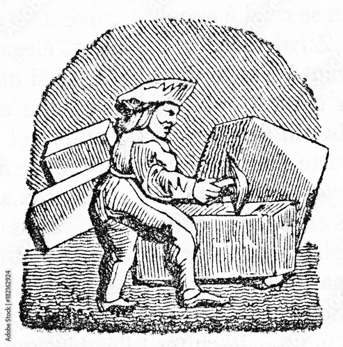 Iconic illustration of an ancient stonecutter working on stone blocks. After drawing of destroyed misericord in Corbeil Saint-Spire cathedral. Published on Magasin Pittoresque Paris 1834