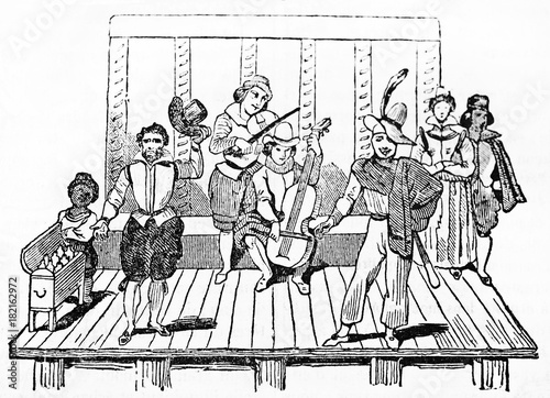Ancient musicians and actors of Tabarin (and Mondor) Parisian street theater playing on the stage. After engraving of 17th century published on Magasin Pittoresque Paris 1834
