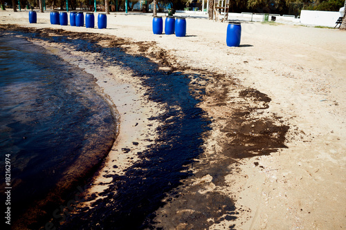 Athens, Greece, September 14 2017: Greek oil spill spreads to Athens Riviera following the sinking of an oil tanker in Saronic Gulf.