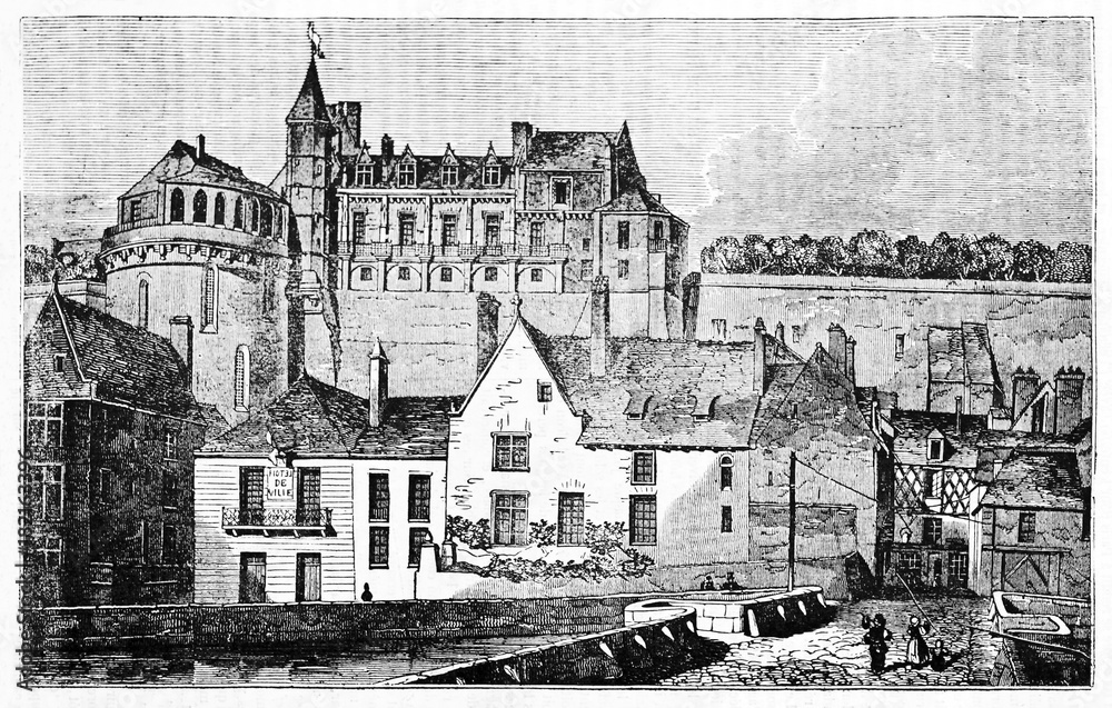 Ancient foreshortening of Chateau d'Amboise area, Loire valley France, and his medieval context with buildings and streets. By unidentified author published on Magasin Pittoresque Paris 1834