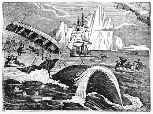 Boat tossed while whaling, ancient accident in the North Sea with an iceberg on background. Old Illustration by unidentified author published on Magasin Pittoresque Paris 1834 photo