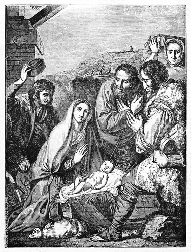 The Adoration of The Sheperds, famous religious event of Jesus Christ nativity. Old Illustration by Josa de Ribera. After De Ribera published on Magasin Pittoresque Paris 1834 photo