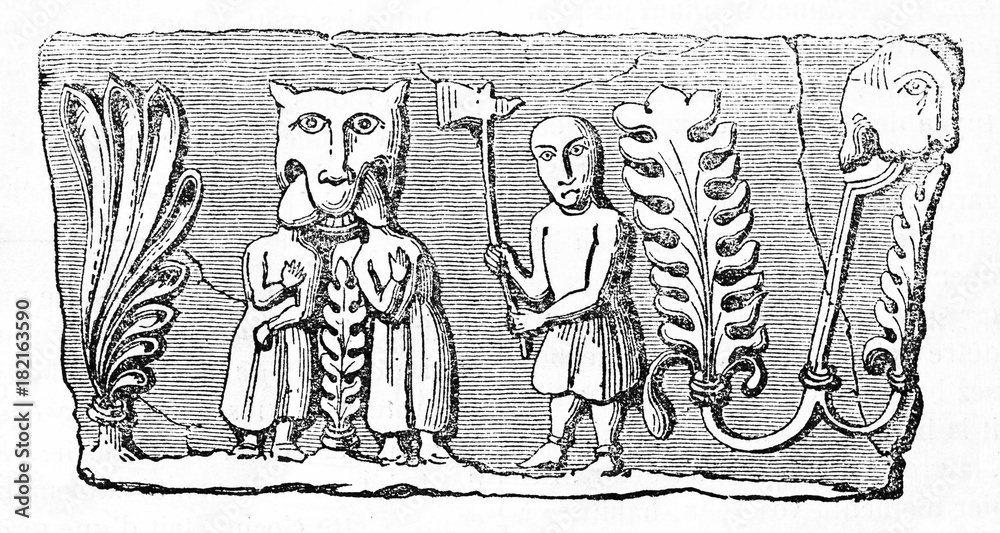 Medieval icon of a man with ax facing a monster that feeds on men near ...