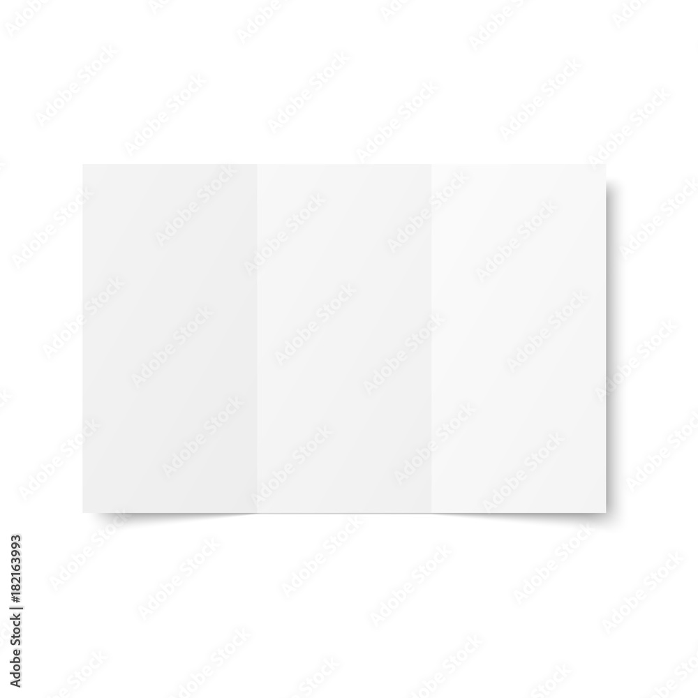 Vector blank white trifold booklet opened on white background. Front side. Tri folded paper sheet in A4. Mock up of empty cover or flyer isolated. 3D illustration Vector blank white trifold booklet opened on white background. Front side. Tri folded paper sheet in A4. Mock up of empty cover or flyer isolated. 3D illustration