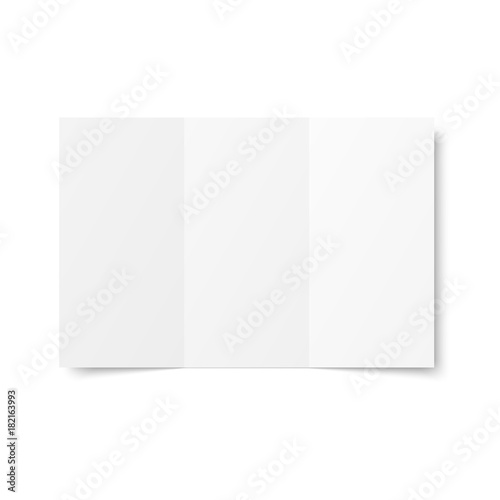 Vector blank white trifold booklet opened on white background. Front side. Tri folded paper sheet in A4. Mock up of empty cover or flyer isolated. 3D illustration