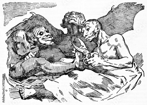 Devils cutting nails, ancient medieval grotesque context. Old caricature of Francisco Goya published on Magasin Pittoresque Paris 1834 photo