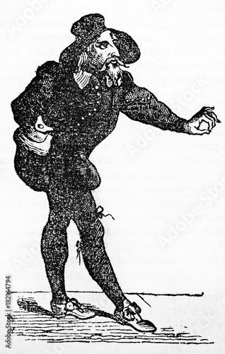 Full body portrait of Guillot-Gorju (Bertrand Hardouin de Saint-Jacques 1600 - 1648), french physician and actor. Old Illustration by unidentified author published on Magasin Pittoresque Paris 1834 photo