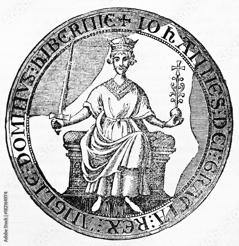 King John Lackland ancient seal as he affixed on the preliminaries of peace presented by the barons. Old Illustration by unidentified author published on Magasin Pittoresque Paris 1834.