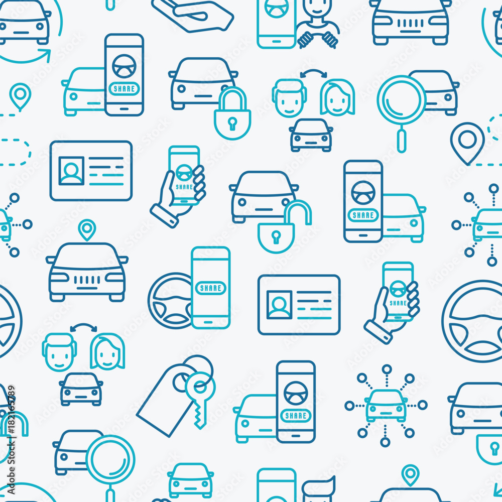 Car sharing seamless pattern with thin line icons of driver's license, key, blocked car, pointer, available, searching of car. Vector illustration for banner, web page, print media. - obrazy, fototapety, plakaty 