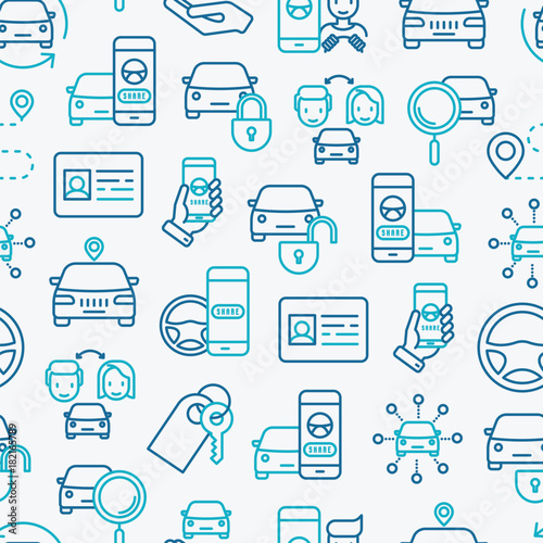 Car sharing seamless pattern with thin line icons of driver's license, key, blocked car, pointer, available, searching of car. Vector illustration for banner, web page, print media.