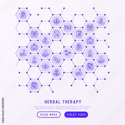 Herbal therapy concept in hineycombs with thin line icons: herbalist, decoction, aromatic oil, oil burner, tea. Vector illustration for banner, web page, print media.