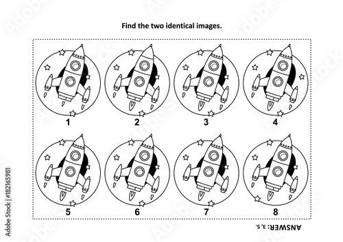 IQ training find the two identical pictures with rocket or spaceship visual puzzle and coloring page. Answer included.

