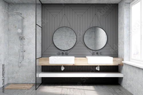 Gray bathroom with a shower and a sink