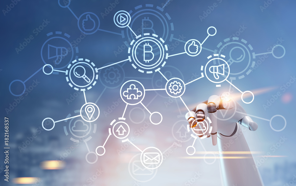 Robot hand pointing at bitcoin network hologram Robot hand pointing at bitcoin network hologram
