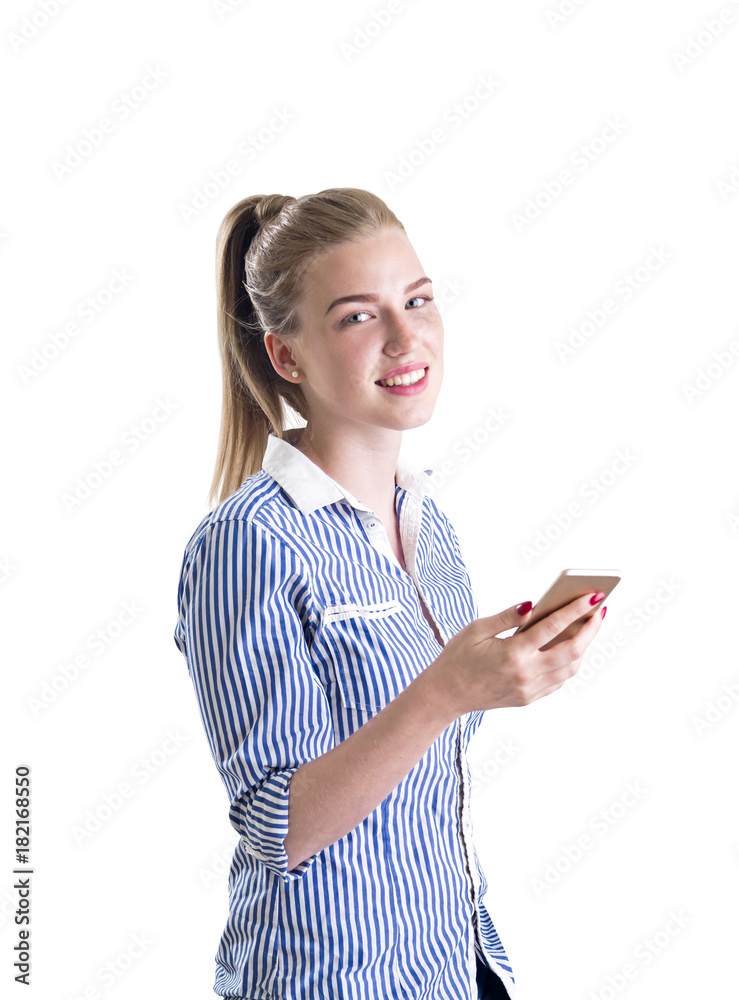 Cheerful blonde businesswoman, smartphone isolated Cheerful blonde businesswoman, smartphone isolated