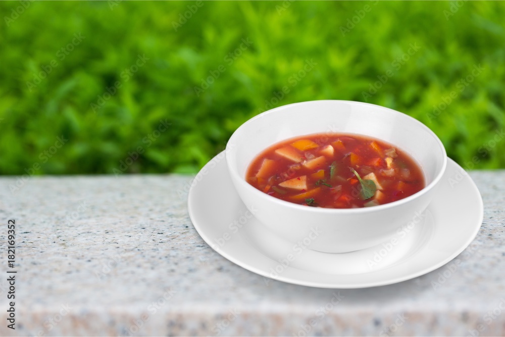 Soup on the plate. Soup on the plate.