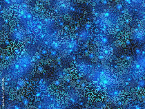 Beautiful blue winter pattern, background with snowflakes. Raster illustration