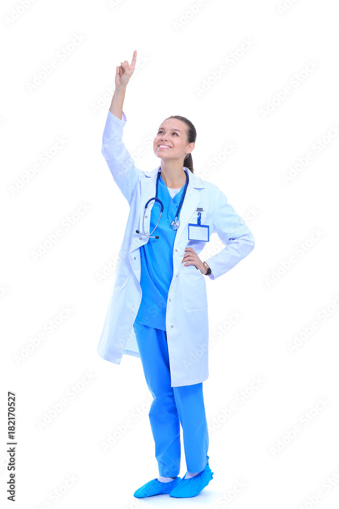 Beautiful young woman in white coat posing with hand in pocket. Woman doctor Beautiful young woman in white coat posing with hand in pocket. Woman doctor