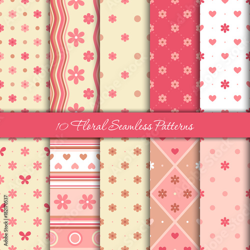 Ten spring seamless patterns with flowers, hearts and circles in gentle pink colours