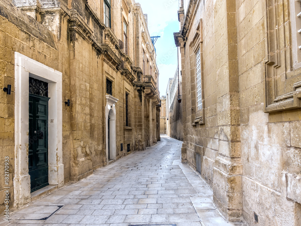 beautiful view of narrow medieval street with doors, windows in old town Mdina, Malta, toned effect