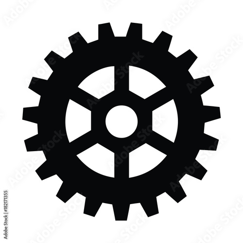 A black and white silhouette of a gear