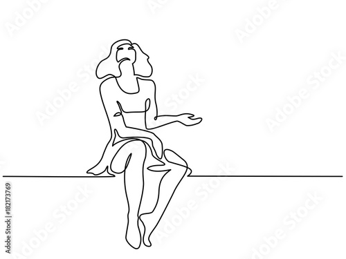 Continuous line drawing. Woman sitting, looking up and waiting rain. Vector illustration