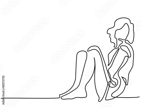 Continuous line drawing. Woman sitting by the wall. Vector illustration