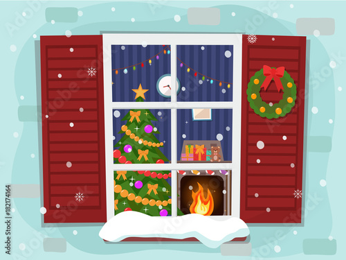 View of the cozy Christmas living room with a tree and fireplace through the window. Flat design.