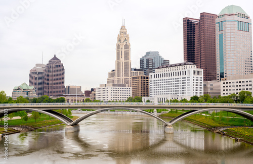 Close up of some of the Columbus Ohio skyline with river and bridge