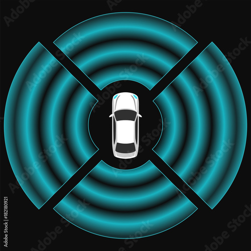 Autonomous car top view. Self driving vehicle with radar sensing system. Driverless automobile on road. Vector illustration.