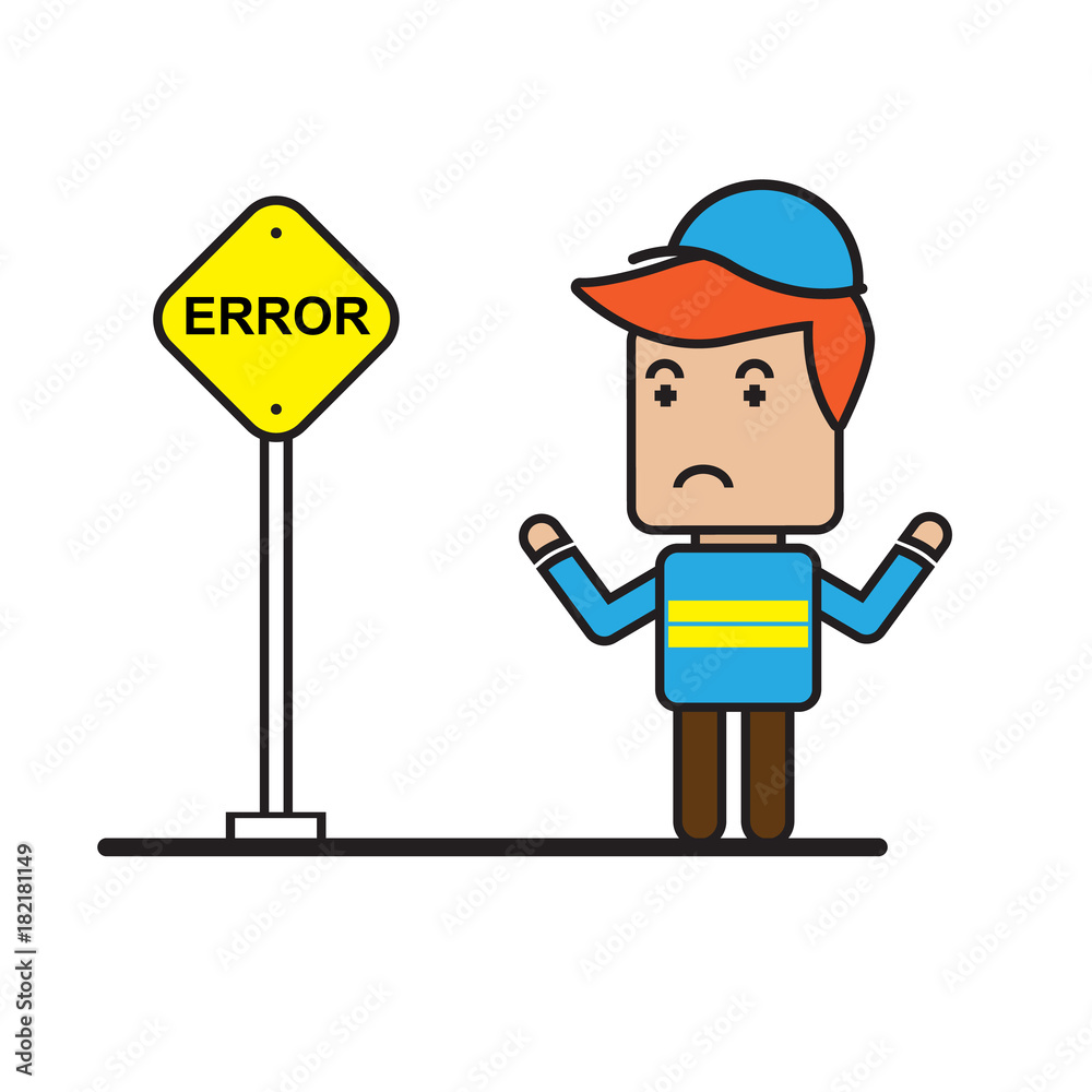 Worker with under construction sign , flat cartoon design
