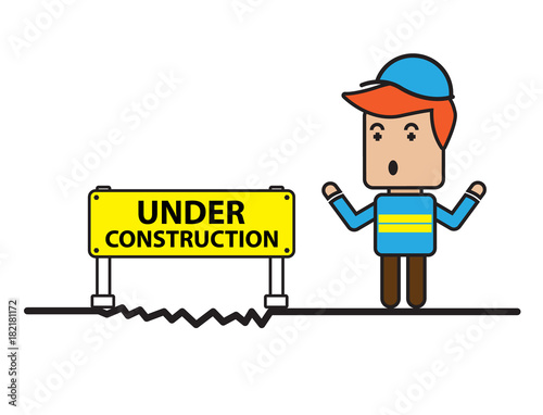 Worker with under construction sign , flat cartoon design