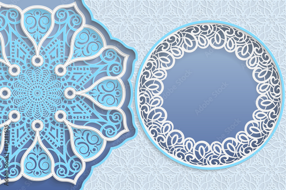 Template of wedding greetings or invitations. 3D mandala, round frame ...