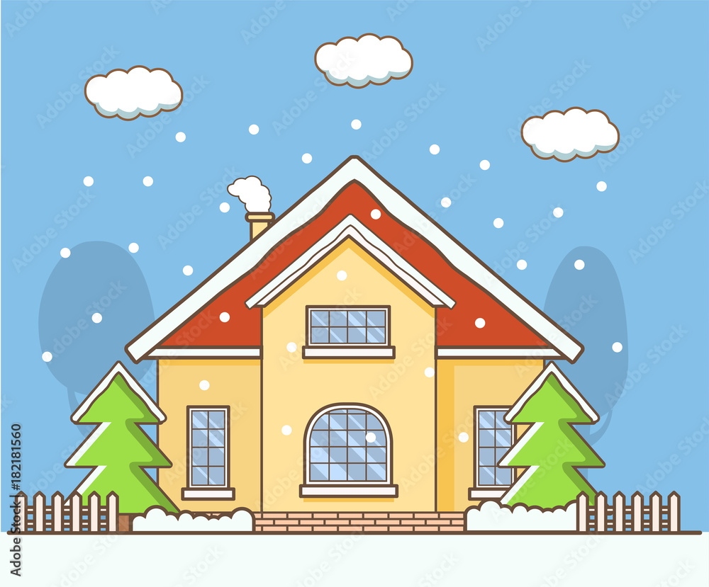 Winter landscape with the country private house.Pine tree covered with snow and smoking chimney.Suburban rural cottage.Concept of a card or poster in winter time the falling snowflakes christmas tree
