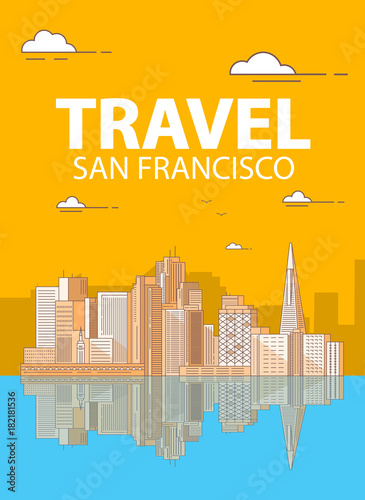 San Francisco the downtown with buildings skyscrapers.Coastal city. A poster for travel companies and tourists. Urban inhabited multistorey buildings from glass.Landscape overlooking the harbor.